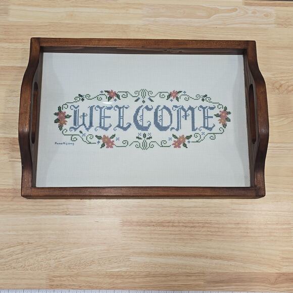 Cross Stitch "Welcome" Handmade Wooden Serving Tray 16x11 Shabby Cottagecore - Picture 1 of 13